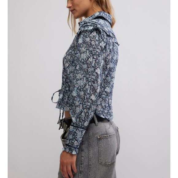 FREE PEOPLE Printed Daybreak Blouse / Chambray Combo - Picture 2 of 6